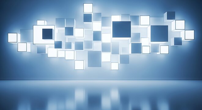 Illuminated blue and white cubes arranged abstractly with abstract background cube background square background