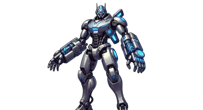 Blue and black armored warrior with sword and shield in dynamic pose