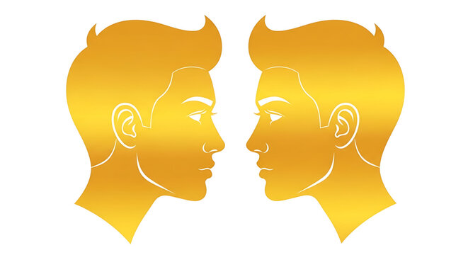 Golden silhouette of two faces facing each other representing the gemini zodiac sign