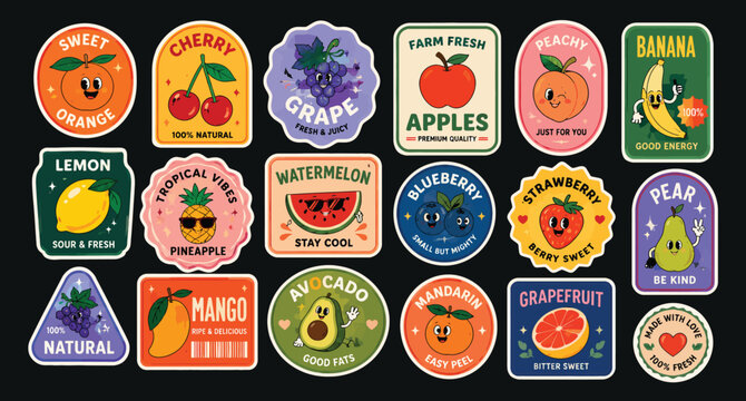 Retro Groovy Fruit Stickers and Cartoon Character Badges Set