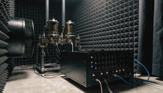 Medium shot of a spectrum analyzer in a soundproof calibration booth focusing on detailed frequency analysis during tube noise and microphonics testing.