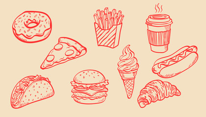 Hand drawn fast food set, doodle style vector illustration of burger, pizza, fries, ice cream, taco, hot dog, coffee © PixelVista