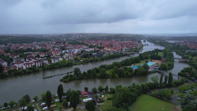Aerial panorama view of the old town of the city Kitzingen during an cloudy summer day in Bavaria, germany	