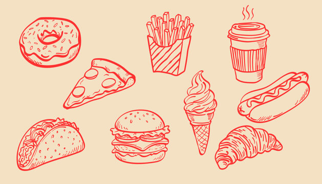 Hand drawn fast food set, doodle style vector illustration of burger, pizza, fries, ice cream, taco, hot dog, coffee