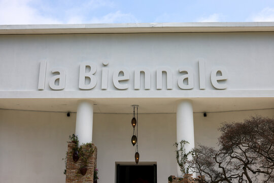  The colorful facade of the Biennale Central Pavilion located in Giardini in Venice. Italy