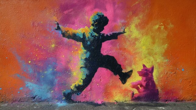Child leaps joyfully amid exploding paint colors. Bright hues splash across an orange background. Small dog watches with delight beside the child. The scene pulses with energy and playful freedom