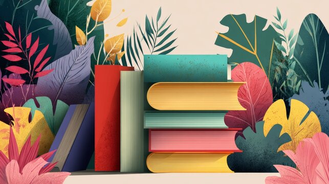 Stacked books rest amid bold, tropical foliage. Rich colors echo creativity and learning. Vibrant leaves frame the scene with nature's embrace. Ideal for educational, eco-themed, or literary projects