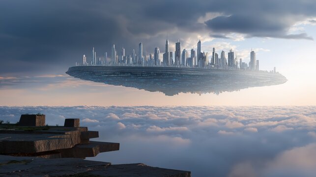 Futuristic floating metropolis above collapsing ancient ruins, symbolizing disconnected modernity and rootless technological progress.