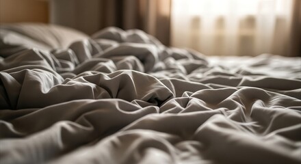 Fototapeta premium Unmade Bed with Soft Gray Sheets and Natural Morning Light Creating a Cozy, Relaxing Atmosphere