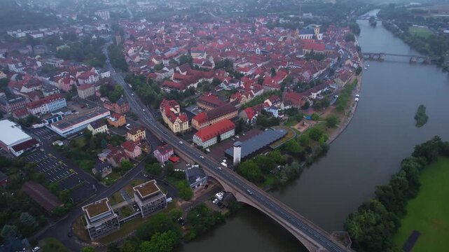 Aerial panorama view of the old town of the city Kitzingen during an cloudy summer day in Bavaria, germany	