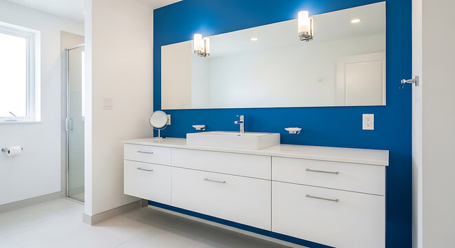 Clean white and blue kitchen with white cabinets, stainless steel appliances, and blue backsplash