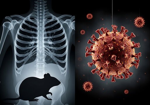 Xray of human skeleton with mouse and coronavirus illustration