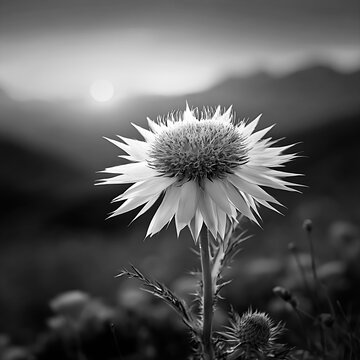 Silver alpine carline thistle flower at sunset in the mountains