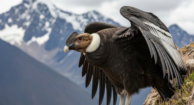 Andean condor (Vultur gryphus), close up portrait of the large vulture on a cliff with wings partially open and white feathered collar