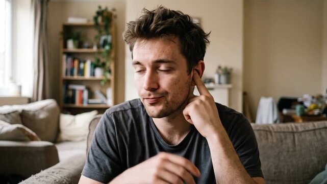 A close-up shot of a young man looking bored and scratching or picking inside his ear with his finger. This realistic lifestyle video captures a candid, casual moment of boredom or itchiness in a home