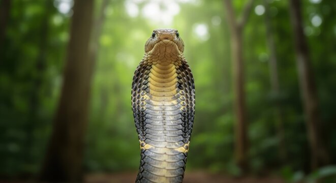 King cobra (Ophiophagus hannah), close up portrait of the venomous snake with its characteristic hood open in a defensive warning posture