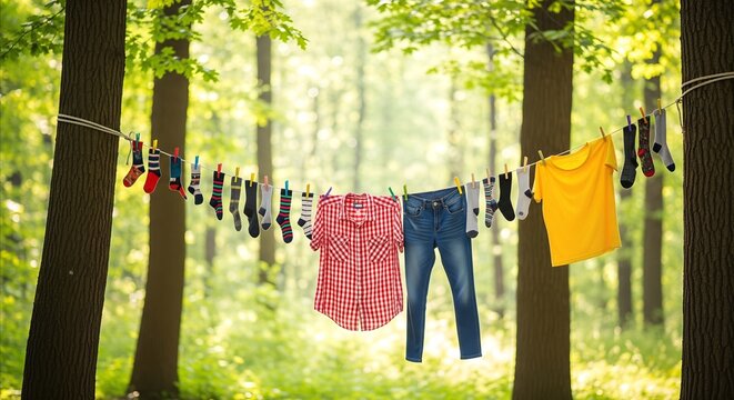Clothes drying on a clothesline in a sun-dappled forest, evoking a serene outdoor adventure and a connection to nature.