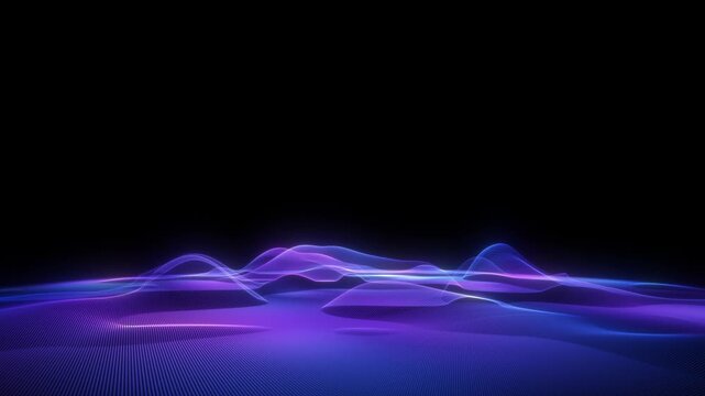 Glowing ultraviolet landscape flowing particle relief neon motion. Abstract blue wave surface black background, seamless loop. Graphic landscape purple neon mountains. Purple blue glowing  space.