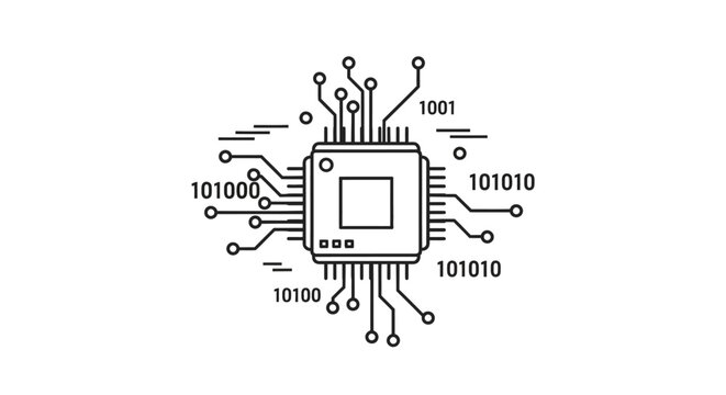 A technical drawing of a microchip with binary code.