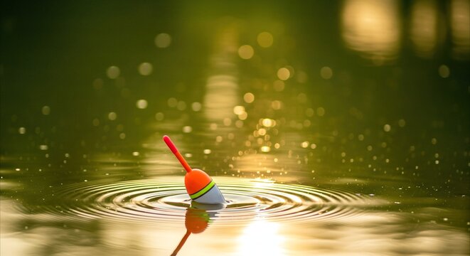 Colorful fishing float bobber floats on calm water with gentle ripples in warm golden hour sunlight