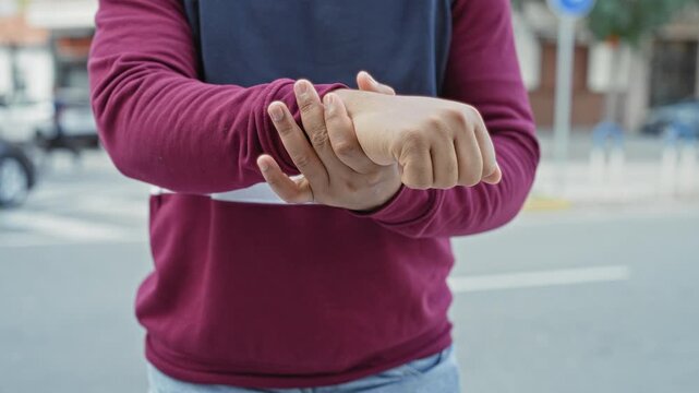 Young hispanic man clutching and rubbing his wrist on a city street crosswalk, wearing maroon pullover and jeans with hands central to frame; pain recovery.
