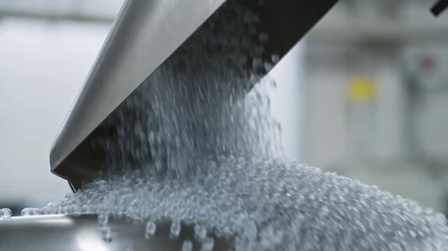 Slow motion close up of plastic pellets pouring into stainless steel hopper in industrial production plant interior
