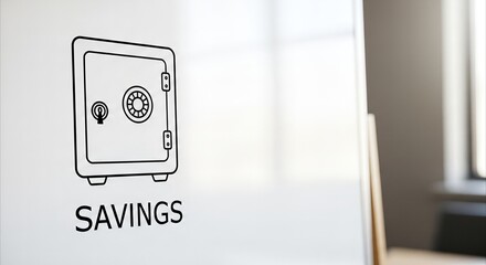 Naklejka premium Minimalist safe icon and SAVINGS text on a clean whiteboard, symbolizing financial security and wealth accumulation in a modern business setting.