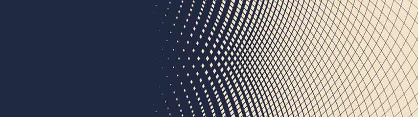 Fototapeta premium Abstract dark blue and beige background combines elegant halftone gradient transition with a geometric curved grid mesh, Modern optical illusion vector pattern forms a dynamic texture