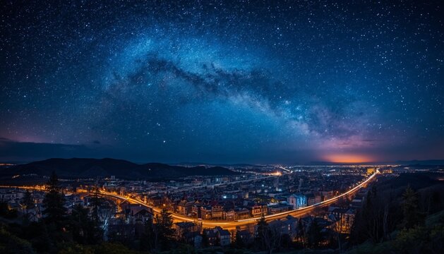 Night View of City Light Trails with Milky Way Galaxy Arching Over the Horizon