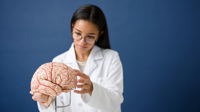 Female scientist examining brain model in lab coat against blue background