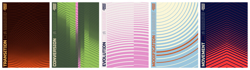 Obraz na płótnie Canvas Abstract vector poster set with linear gradients and geometric distortion patterns, Minimalist halftone artwork visual transformation and dynamic motion ornament with transition effect, kit 2
