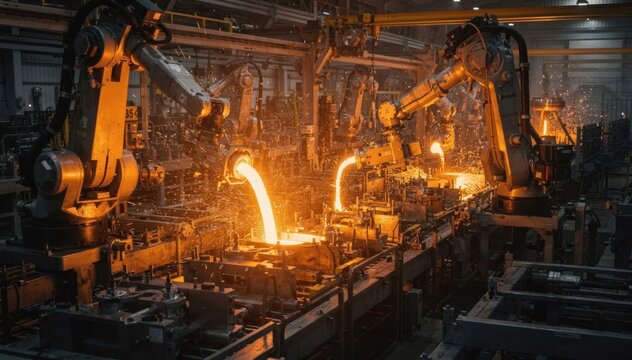 Automated casting line pouring molten metal into flowmeter body molds highlighting modern mechanized production with robotic arms and continuous manufacturing efficiency.