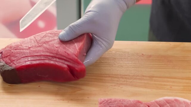 close-up shot of a professional chef's hands, wearing protective nitrile gloves, using a sharp Japanese knife to precisely slice through a premium, fresh Bluefin tuna loin. The footage showcases the h