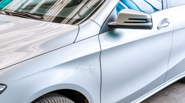 Cool gray car door with visible scratch damage and headlight reflection