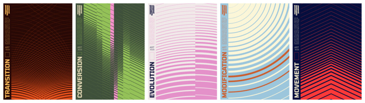 Abstract vector poster set with linear gradients and geometric distortion patterns, Minimalist halftone artwork visual transformation and dynamic motion ornament with transition effect, kit 2