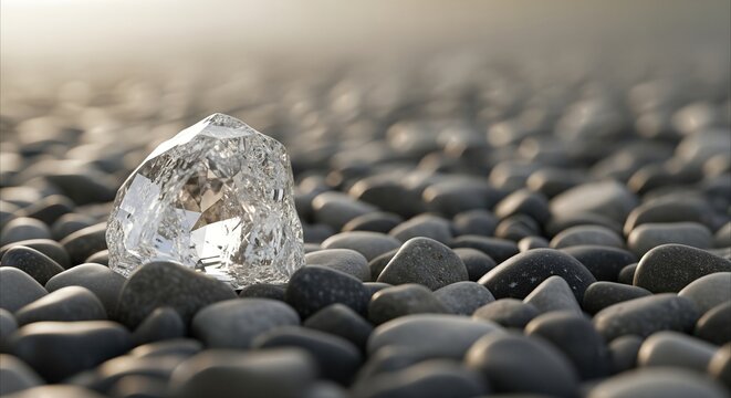 Rough unpolished diamond glistening among gray pebbles, natural light and soft shadows, copy space