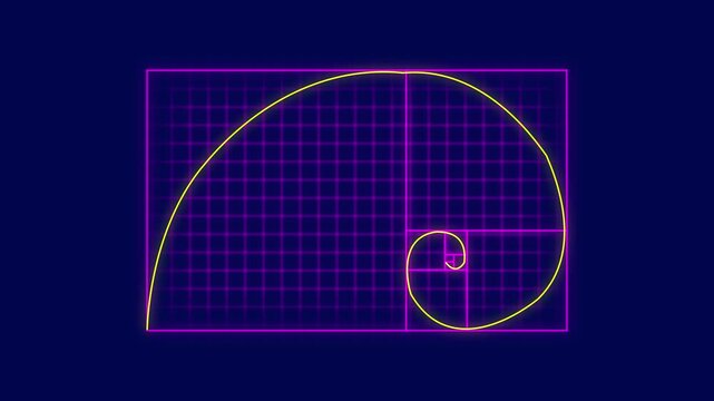 Golden ratio fibonacci spiral neon grid animation sequence