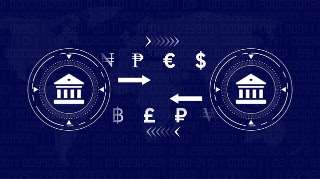 Global bank transfer and currency exchange digital interface animation