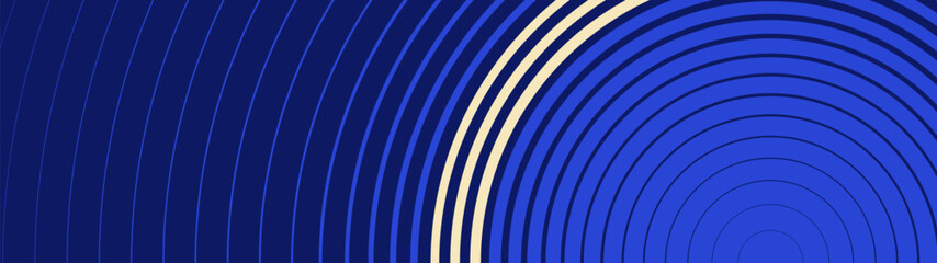 Naklejka na ściany i meble Dark blue background with concentric circular geometric lines and smooth halftone radial gradient transition, minimal wavy ripple design with semi-circle stripe lines and bright cream ring accent