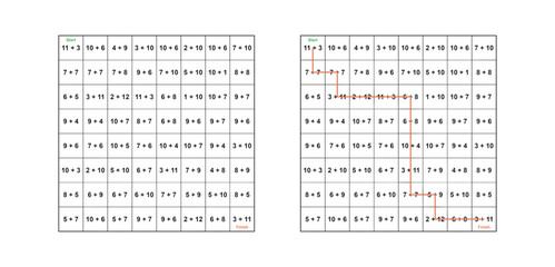 Fototapeta premium Addition Path Grid Puzzle with Answer Key