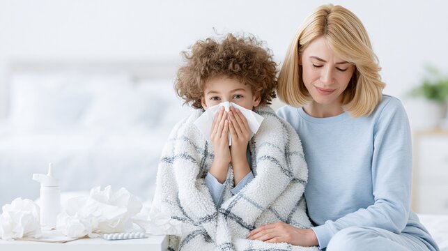 Child sneezing into tissue while mother comforts in bedroom