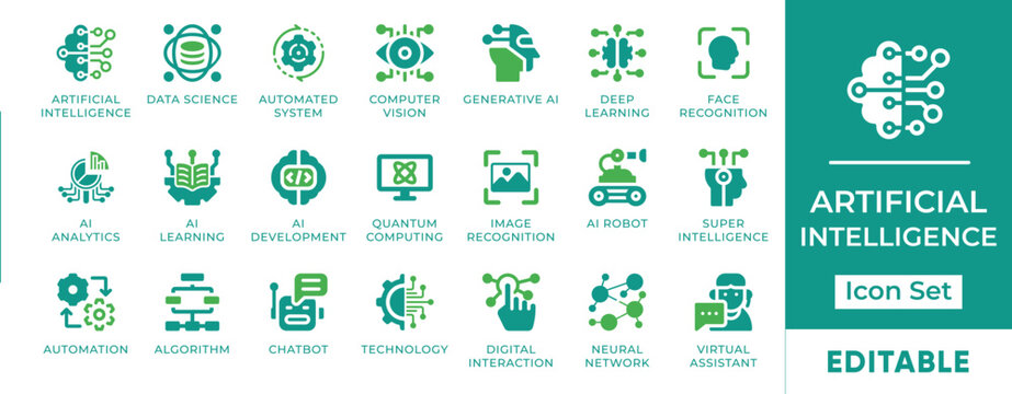 Artificial Intelligence Machine Learning Generative AI Icon Set - editable vector icons for neural network, quantum computing, and chatbot