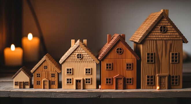 Row of wooden house models in increasing size on rustic shelf with warm candlelight, symbolizing real estate market growth