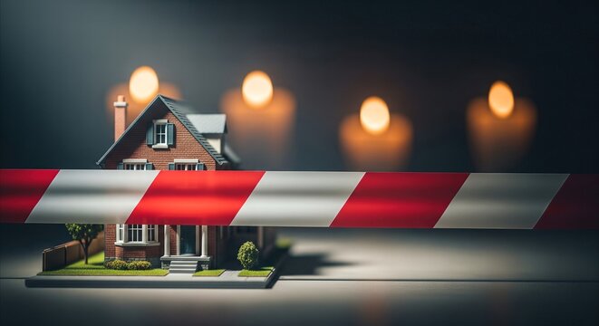 Model house blocked by red and white caution tape, symbolizing frozen real estate deals in a moody, atmospheric setting.