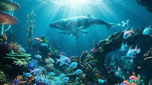 A cinematic 3D underwater animation showing massive humpback whales swimming near a vibrant coral reef. Bright sunbeams pierce through the deep blue ocean surface, illuminating tropical fish and aquat
