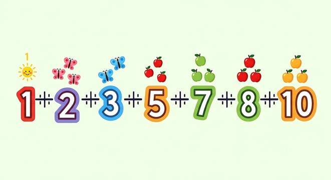 Colorful Addition Equation with Numbers Fruit Butterflies and Sun on Green Background