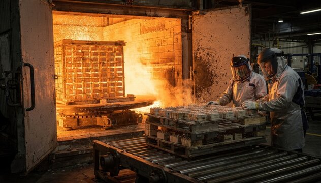 Medium shot of a hightemperature kiln door opening to reveal glowing ceramic capacitor stacks arranged on sturdy trays inside the furnace. Medium shot inside a firing kiln showing