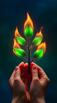 Triptych of hands holding a small green plant with leaves catching fire, progression from gentle flame to engulfed growth, symbolic imagery of risk, renewal and stewardship.