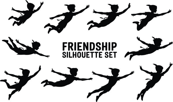 Peter pan flying silhouettes set collection featuring various heroic poses for design projects
