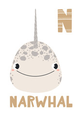 Cute narwhal face, letter N, text, illustration isolated. ABC card, cartoon animal character. Kids English alphabet, preschool, school learning. Hand drawn flat vector clip art, design element © Maria Skrigan